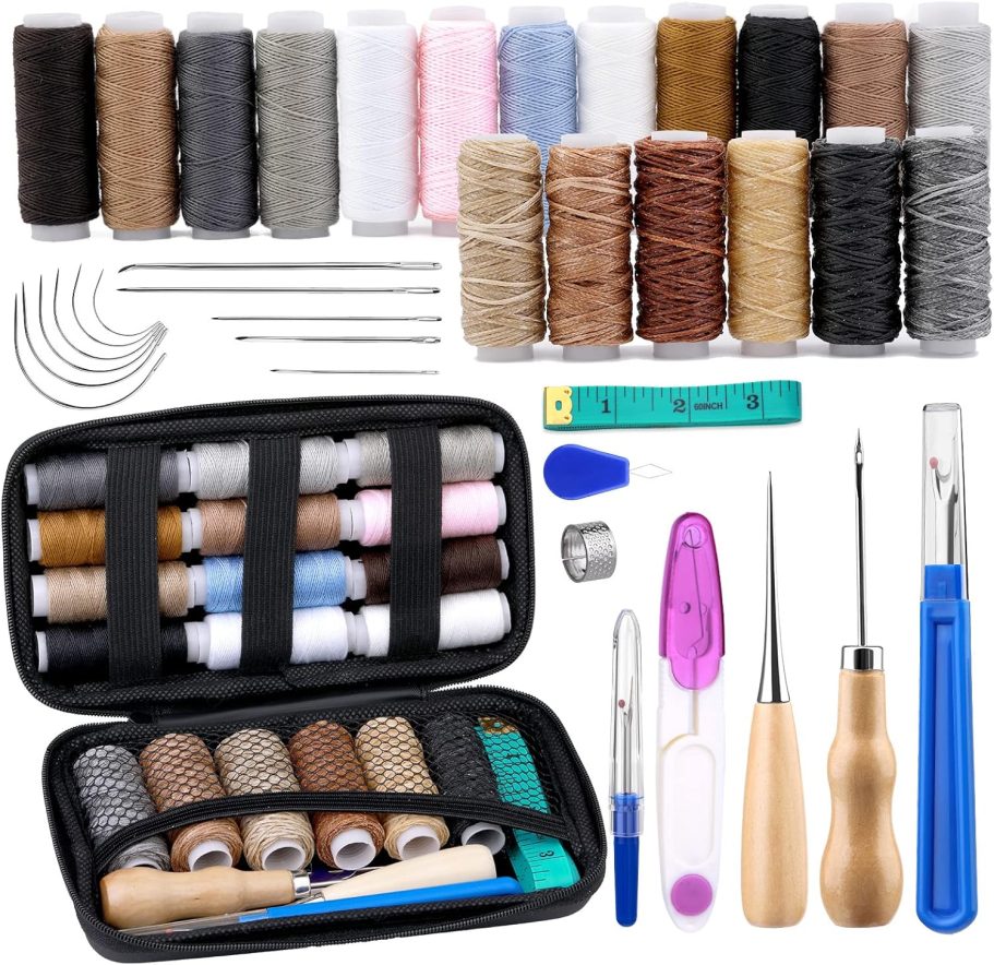BUTUZE Upholstery Repair Kit, Leather Sewing Kit, Sewing Thread, Waxed Thread, Heavy Duty Hand Sewing Needles, Sewing Awl, Heavy Duty Sewing Kit for Car Carpet Sofa Shoe